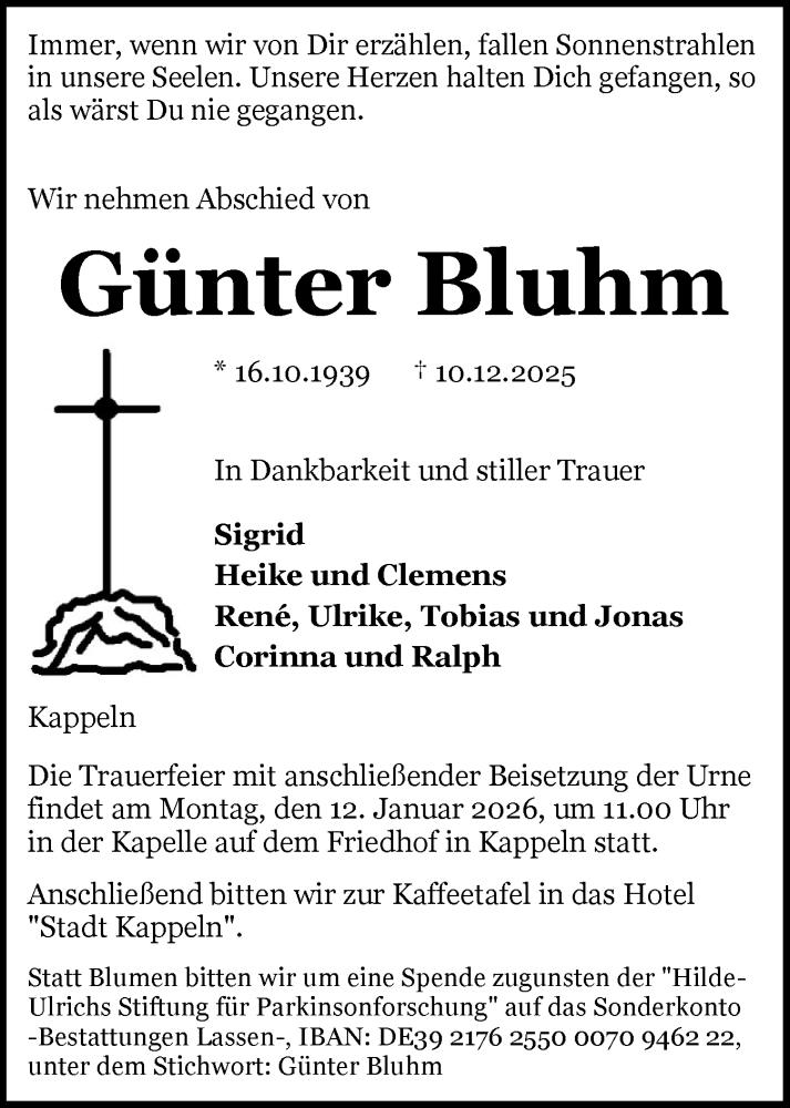  Traueranzeige für Günter Bluhm vom 23.12.2025 aus Schleswiger Nachrichten, Schlei-Bote