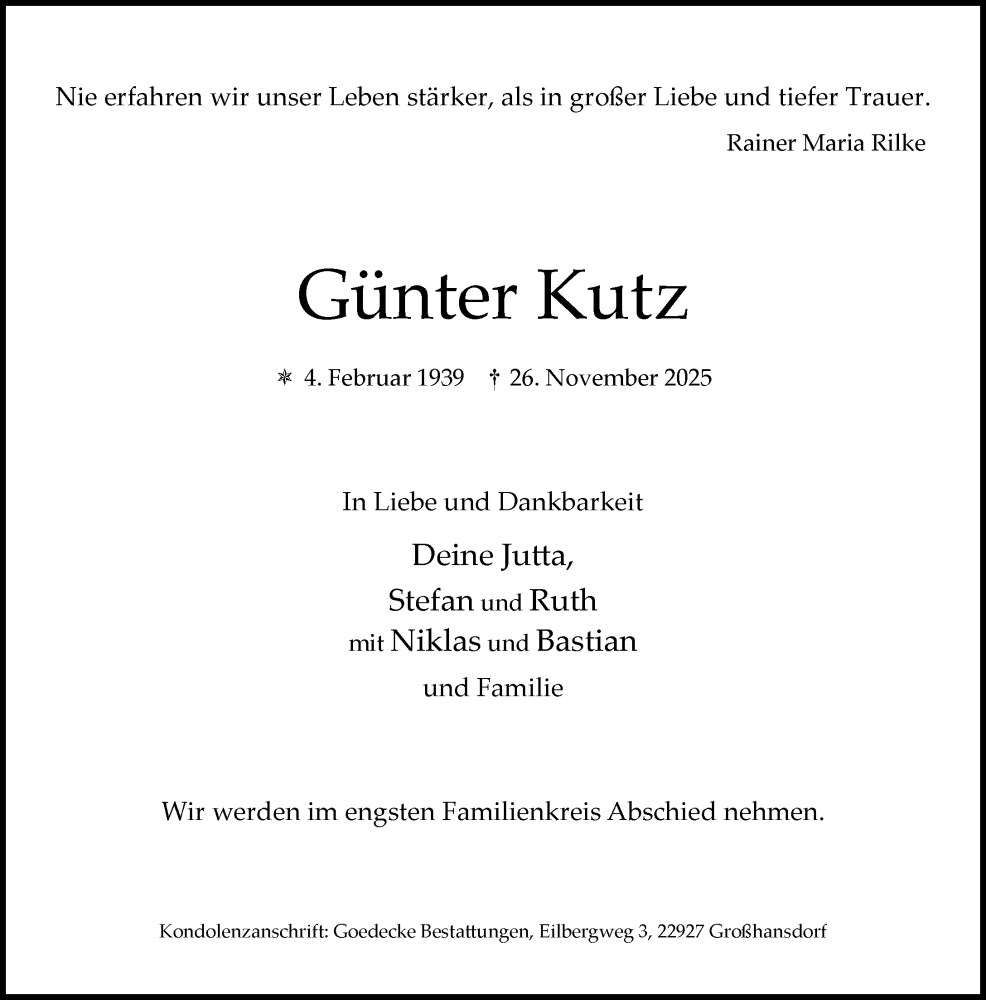  Traueranzeige für Günter Kutz vom 13.12.2025 aus MARKT Ahrensburg/Bargteheide/Trittau und Stormarner Tageblatt