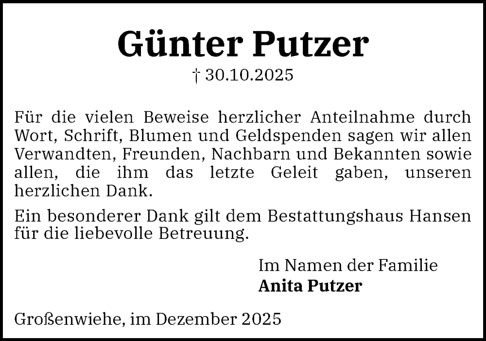  Traueranzeige für Günter Putzer vom 06.12.2025 aus Flensburger Tageblatt