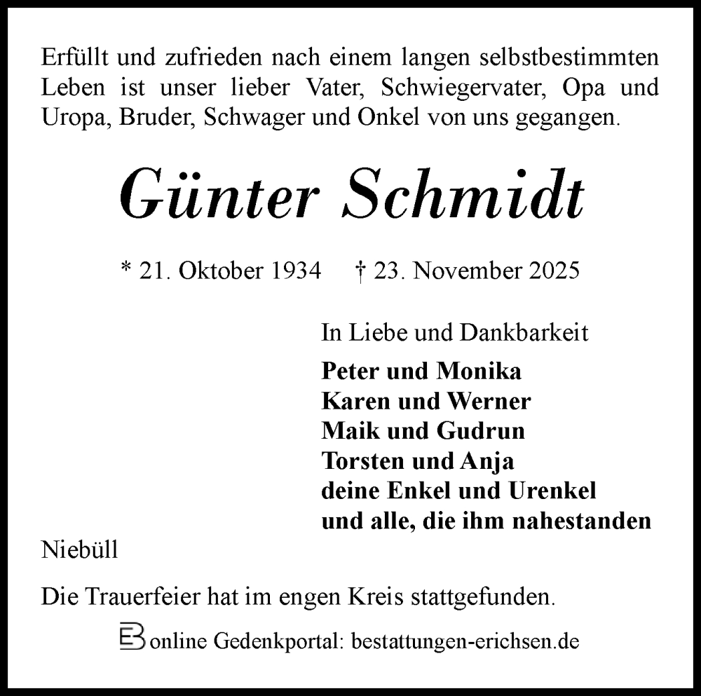  Traueranzeige für Günter Schmidt vom 13.12.2025 aus Region Flensburg