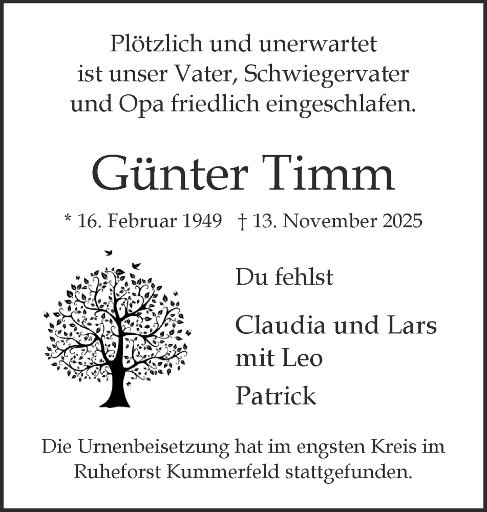  Traueranzeige für Günter Timm vom 13.12.2025 aus Region Pinneberg und tip Pinneberg