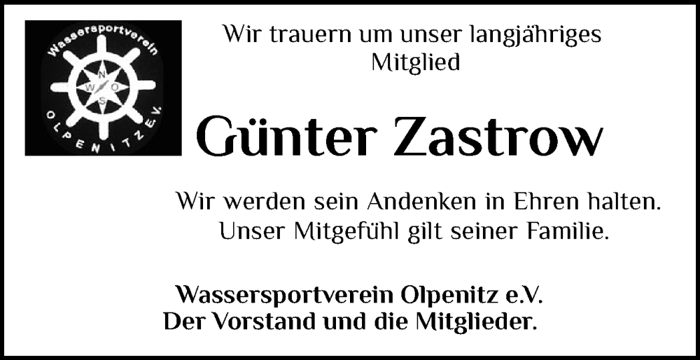  Traueranzeige für Günter Zastrow vom 06.12.2025 aus Schleswiger Nachrichten, Schlei-Bote