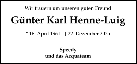 Traueranzeige von Günter Karl Henne-Luig von Flensburger Tageblatt