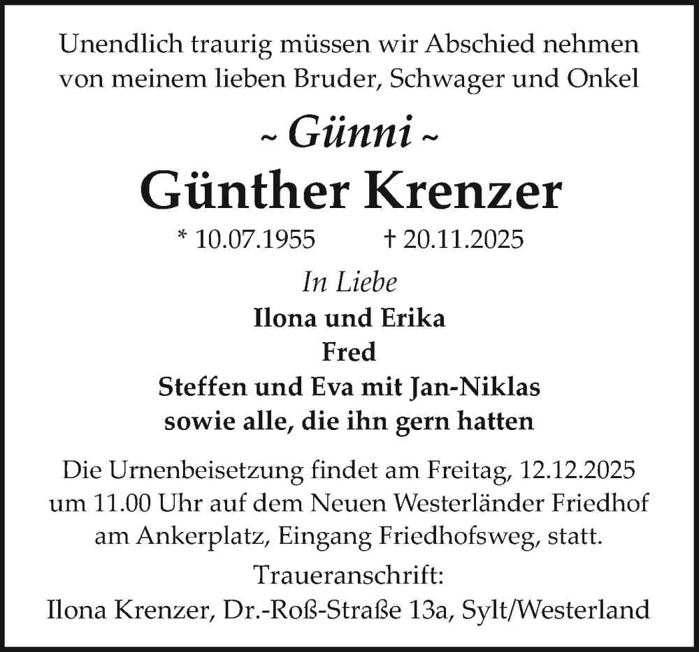  Traueranzeige für Günther Krenzer vom 06.12.2025 aus Sylter Rundschau