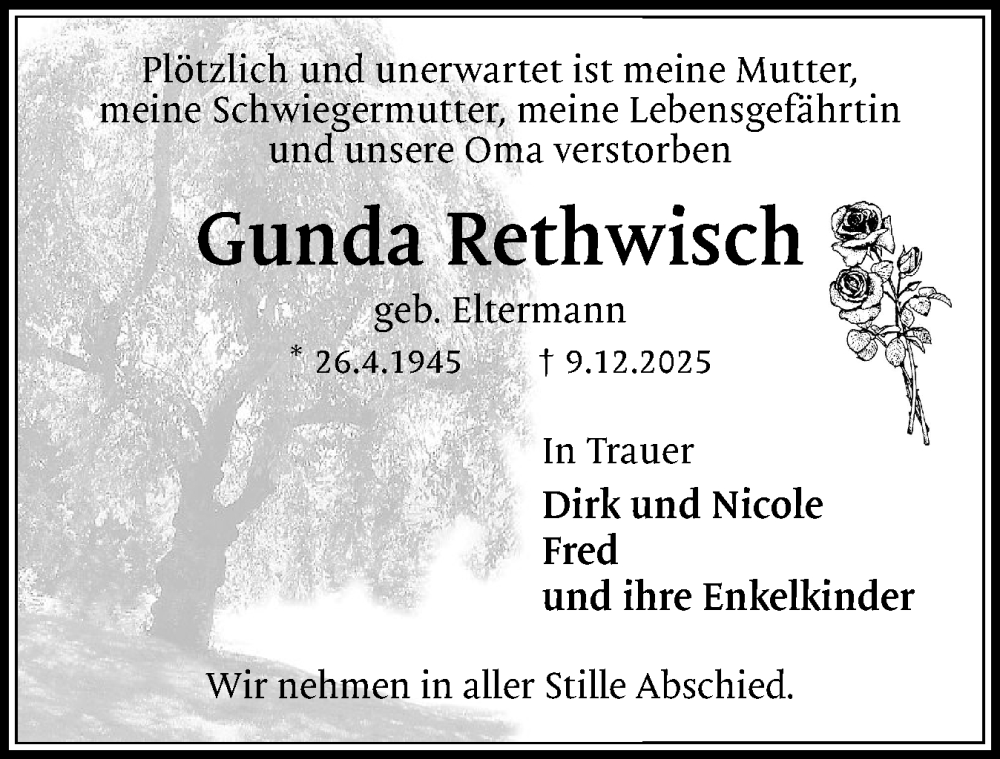  Traueranzeige für Gunda Rethwisch vom 20.12.2025 aus Eckernförder Zeitung, Hallo Eckernförde
