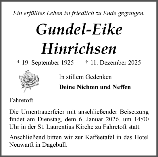 Traueranzeige von Gundel-Eike Hinrichsen von Region Westküste