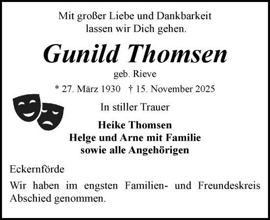 Traueranzeige von Gunild Thomsen von Eckernförder Zeitung, Hallo Eckernförde