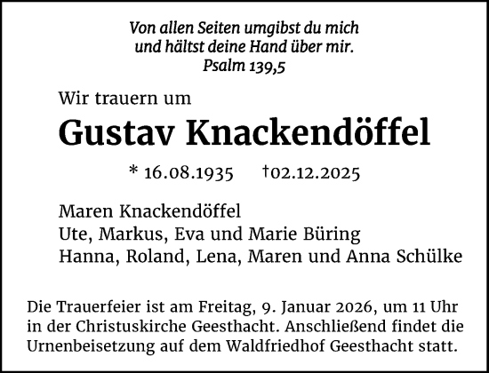 Traueranzeige von Gustav Knackendöffel von Wochenend Anzeiger