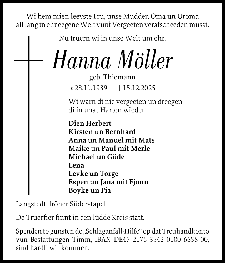  Traueranzeige für Hanna Möller vom 20.12.2025 aus Husumer Nachrichten, Nordfriesland Tageblatt