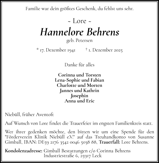 Traueranzeige von Hannelore Behrens von Husumer Nachrichten, Nordfriesland Tageblatt