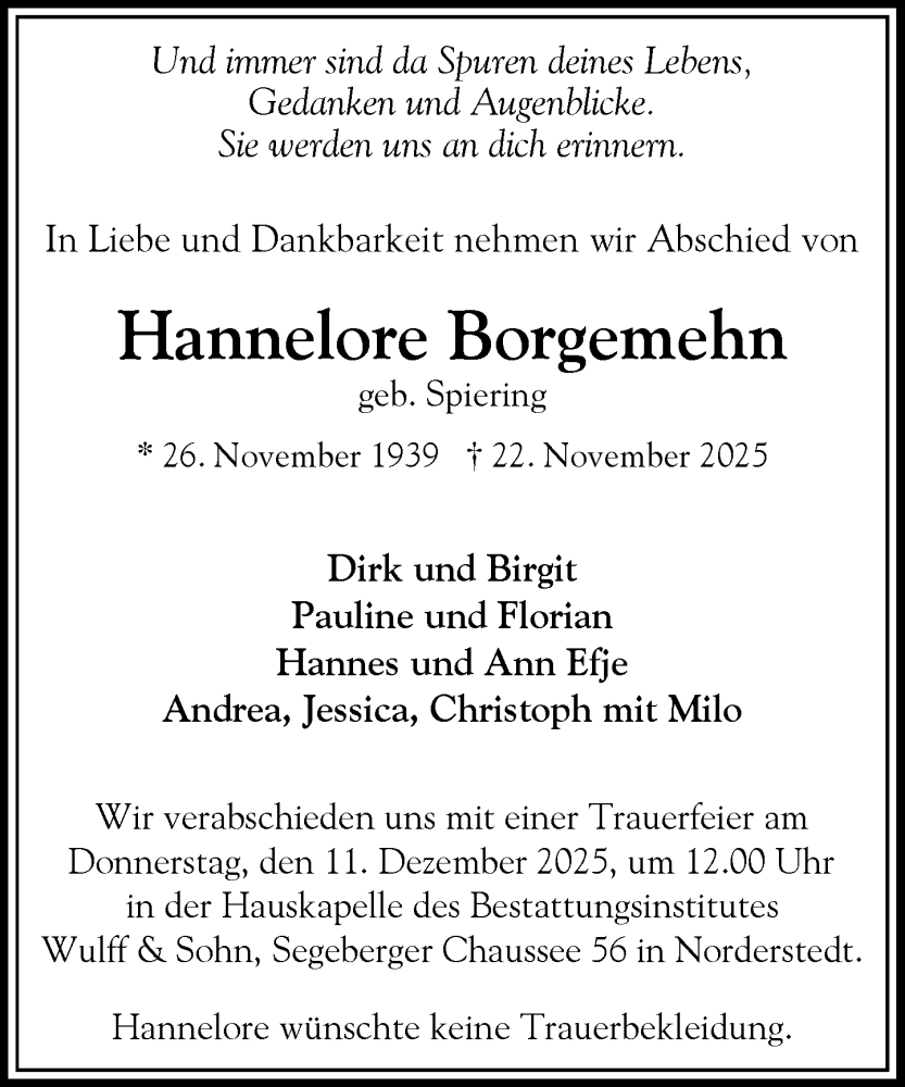  Traueranzeige für Hannelore Borgemehn vom 06.12.2025 aus Heimatspiegel