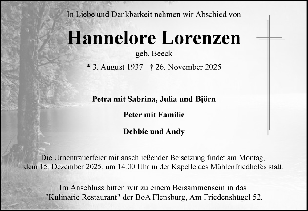  Traueranzeige für Hannelore Lorenzen vom 06.12.2025 aus Flensburger Tageblatt