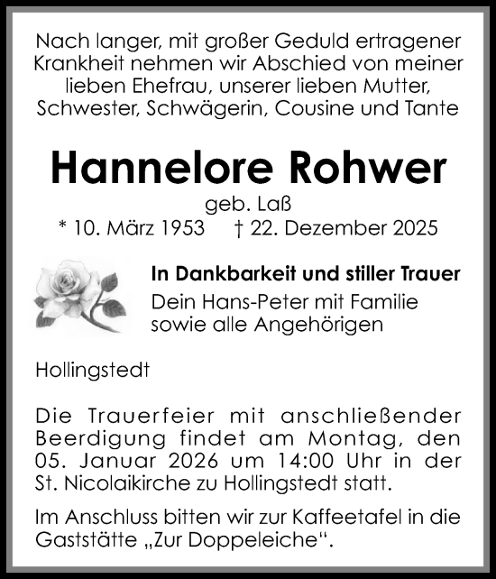 Traueranzeige von Hannelore Rohwer von Schleswiger Nachrichten, Schlei-Bote