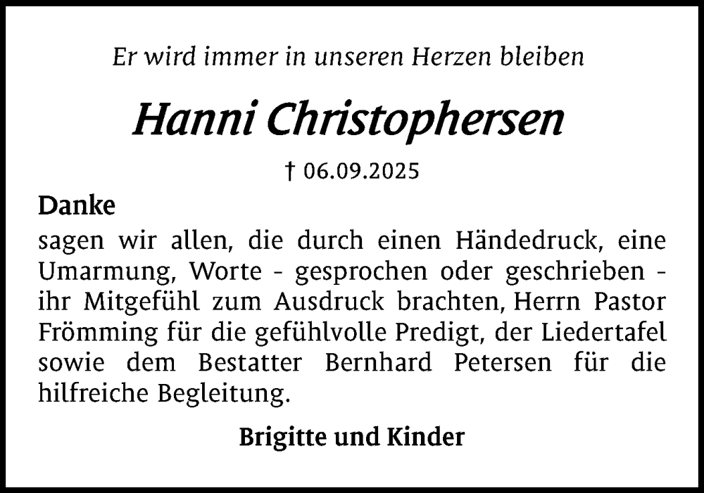  Traueranzeige für Hanni Christophersen vom 06.12.2025 aus Husumer Nachrichten, Nordfriesland Tageblatt