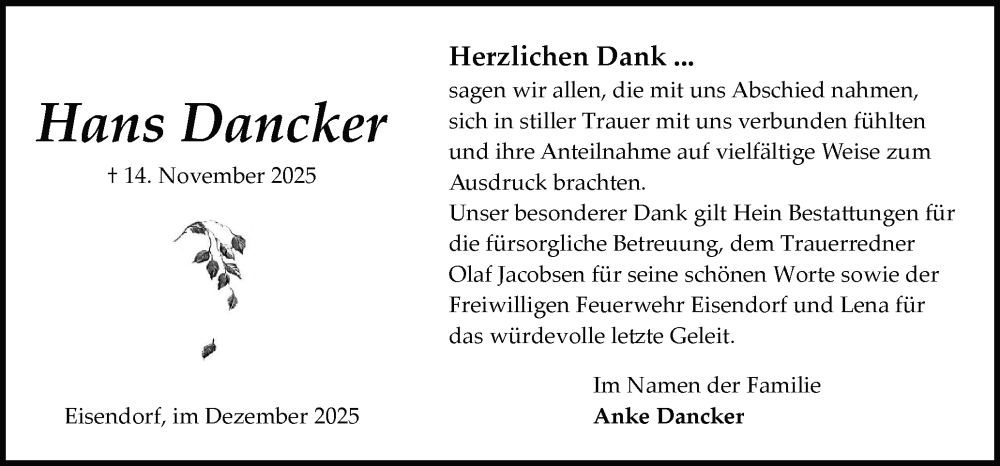  Traueranzeige für Hans Dancker vom 13.12.2025 aus Schleswig-Holsteinische Landeszeitung