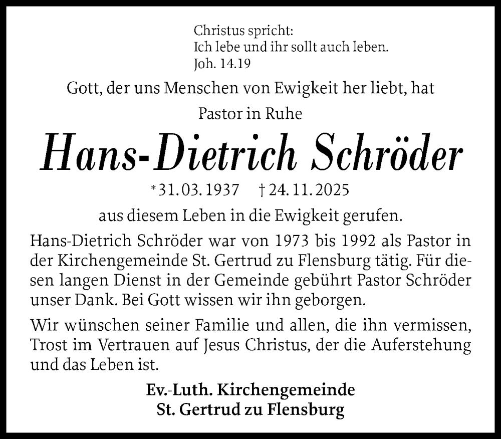  Traueranzeige für Hans-Dietrich Schröder vom 03.12.2025 aus Flensburger Tageblatt