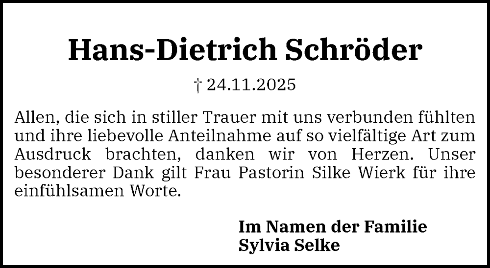  Traueranzeige für Hans-Dietrich Schröder vom 13.12.2025 aus Flensburger Tageblatt