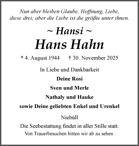 Traueranzeige von Hans Hahn von Husumer Nachrichten, Nordfriesland Tageblatt