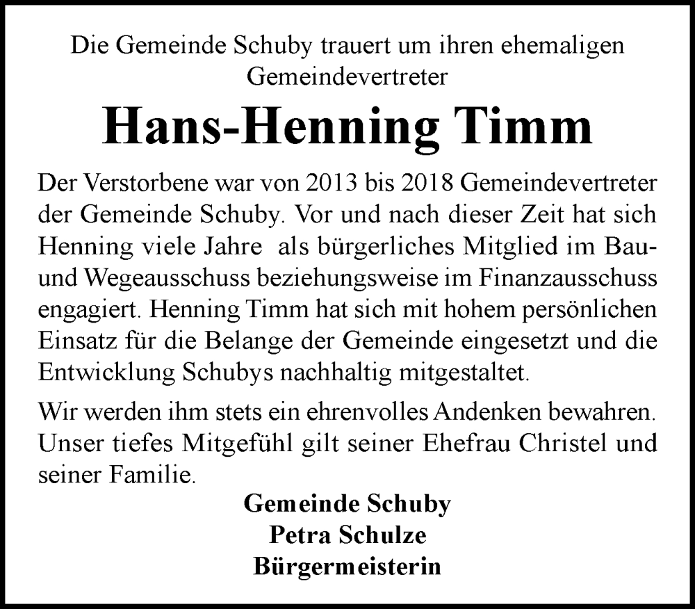  Traueranzeige für Hans-Henning Timm vom 13.12.2025 aus Schleswiger Nachrichten, Schlei-Bote