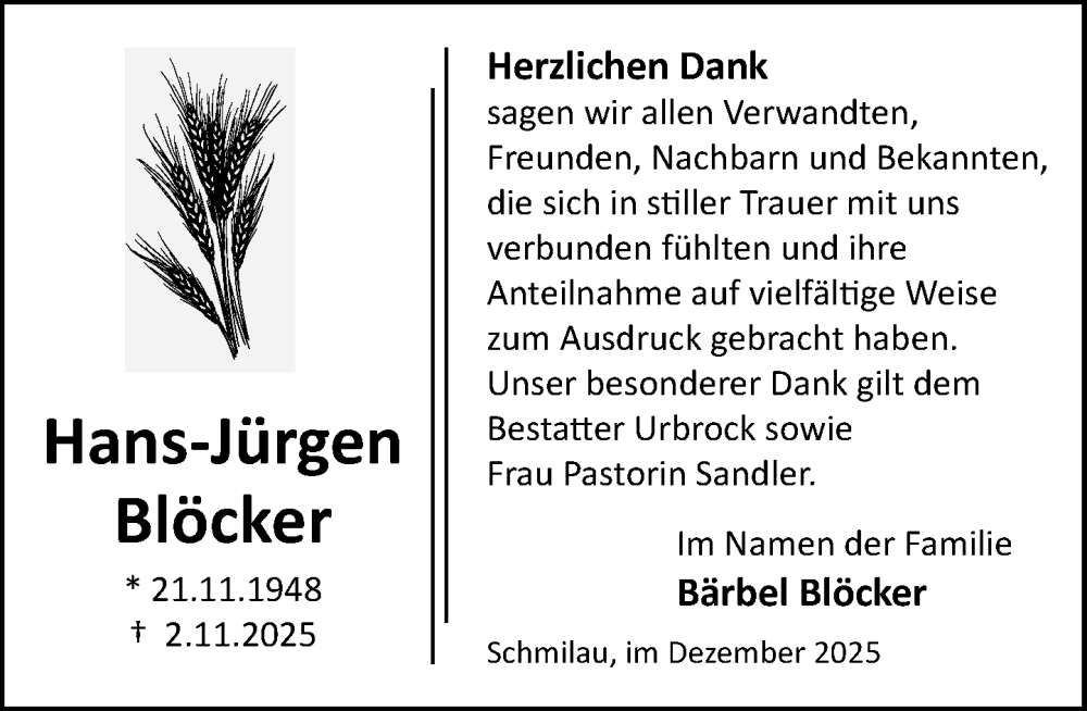 Traueranzeige für Hans-Jürgen Blöcker vom 06.12.2025 aus MARKT Ratzeburg/Mölln