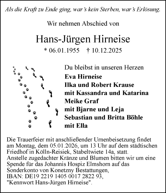 Traueranzeige von Hans-Jürgen Hirneise von Region Steinburg-Elmshorn