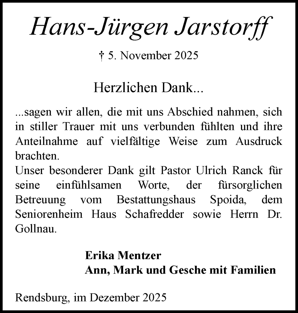  Traueranzeige für Hans-Jürgen Jarstorff vom 06.12.2025 aus Schleswig-Holsteinische Landeszeitung