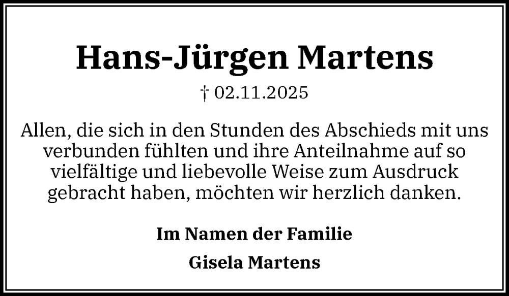  Traueranzeige für Hans-Jürgen Martens vom 06.12.2025 aus Holsteinischer Courier