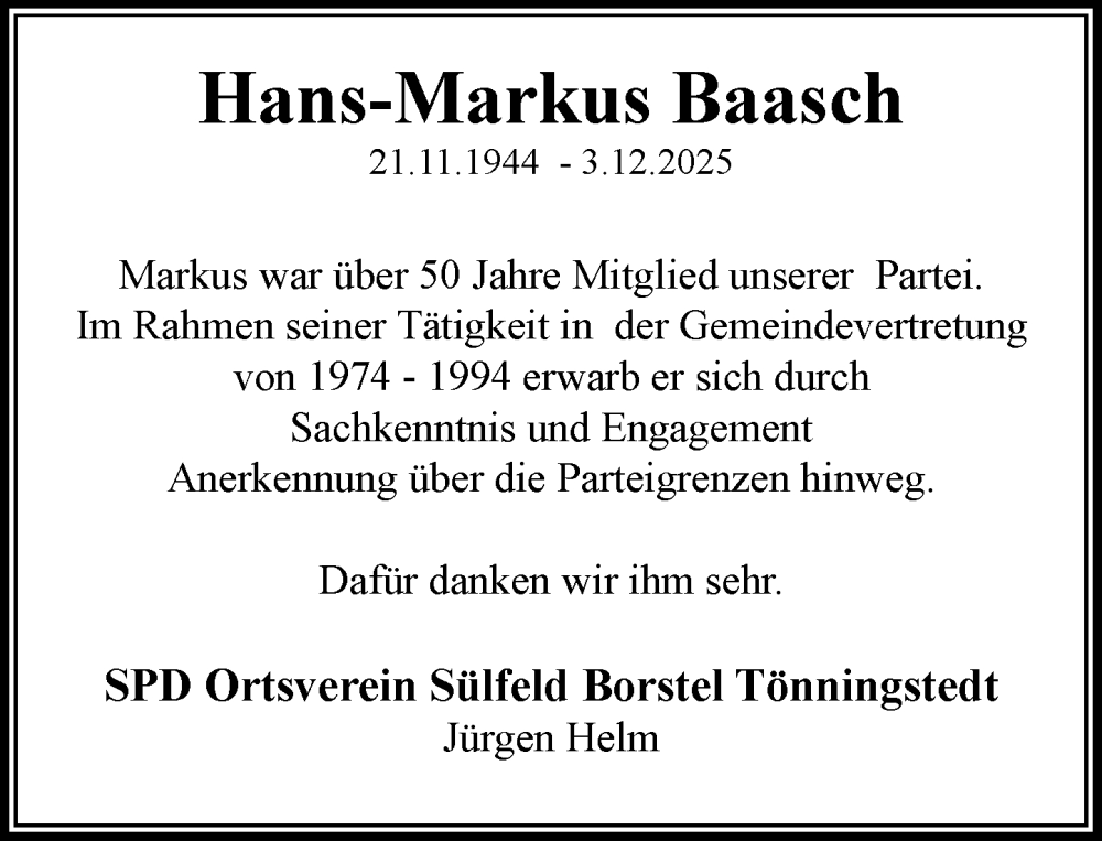  Traueranzeige für Hans-Markus Baasch vom 20.12.2025 aus MARKT Ahrensburg/Bargteheide/Trittau und Stormarner Tageblatt