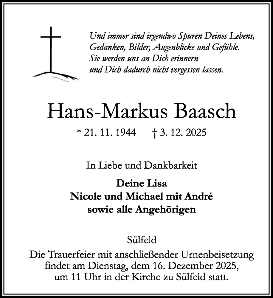  Traueranzeige für Hans-Markus Baasch vom 13.12.2025 aus MARKT Ahrensburg/Bargteheide/Trittau und Stormarner Tageblatt