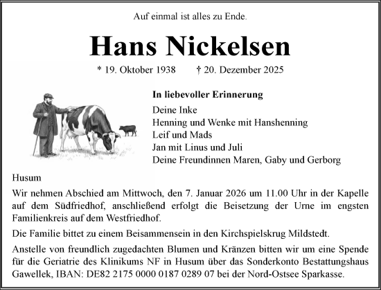 Traueranzeige von Hans Nickelsen von Husumer Nachrichten, Nordfriesland Tageblatt