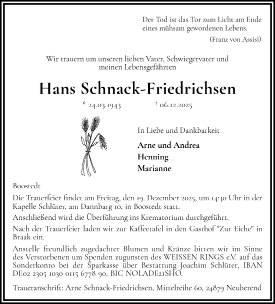 Traueranzeige von Hans Schnack-Friedrichsen von Holsteinischer Courier