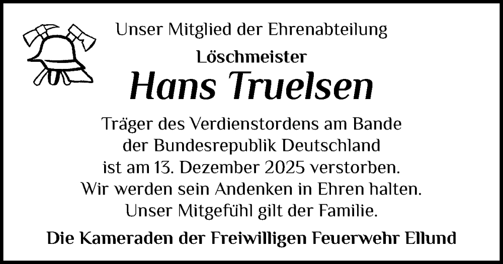  Traueranzeige für Hans Truelsen vom 20.12.2025 aus Flensburger Tageblatt