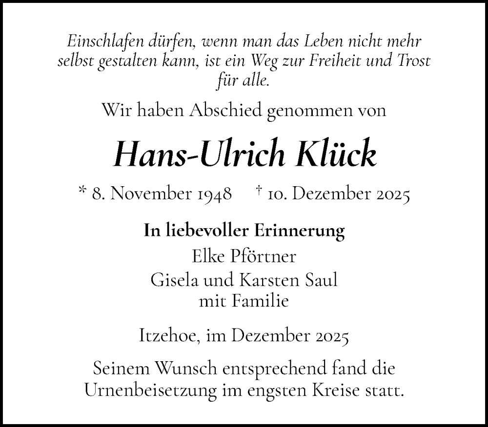  Traueranzeige für Hans-Ulrich Klück vom 20.12.2025 aus Norddeutsche Rundschau, Wilstersche Zeitung, Glückstädter Fortuna