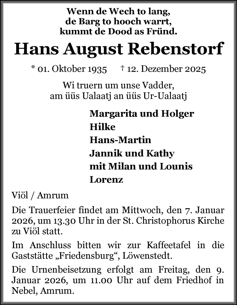  Traueranzeige für Hans August Rebenstorf vom 20.12.2025 aus Region Westküste