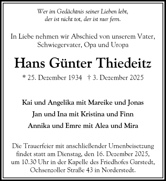 Traueranzeige von Hans Günter Thiedeitz von Heimatspiegel