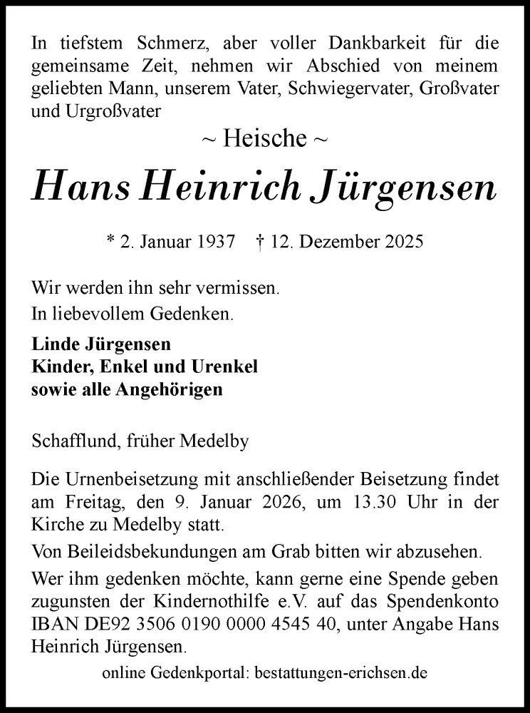  Traueranzeige für Hans Heinrich Jürgensen vom 23.12.2025 aus Flensburger Tageblatt
