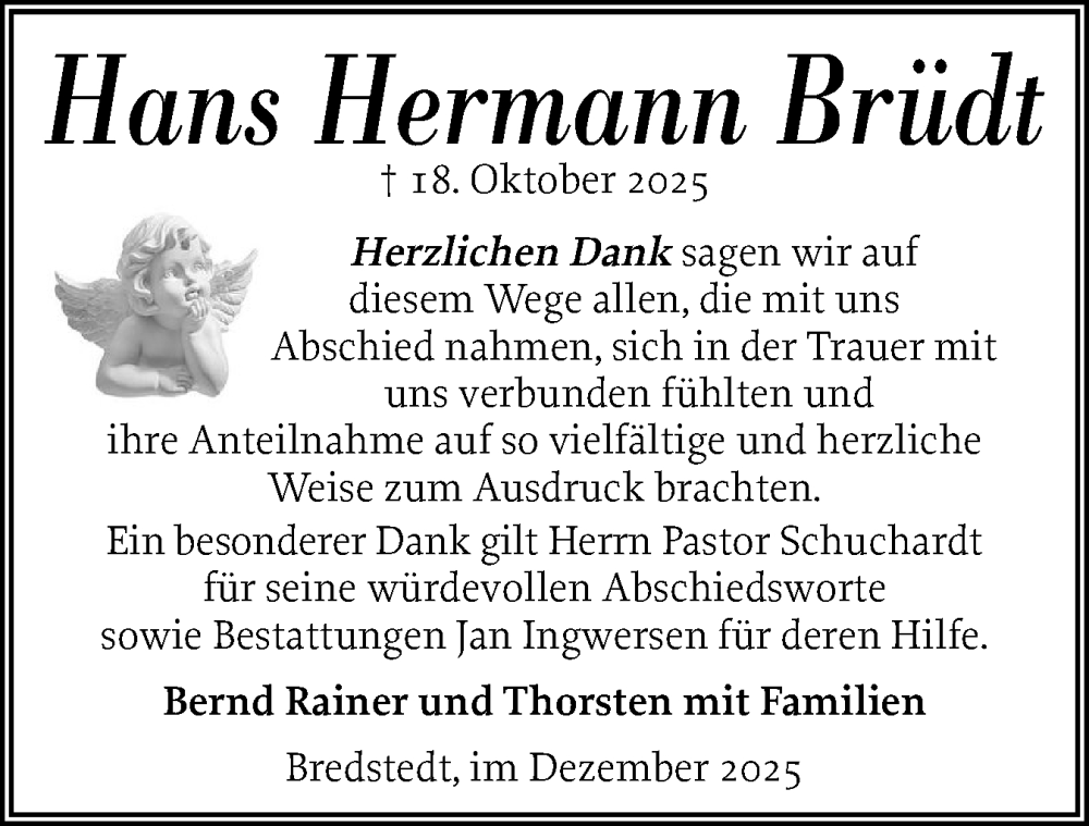  Traueranzeige für Hans Hermann Brüdt vom 06.12.2025 aus Husumer Nachrichten, Nordfriesland Tageblatt