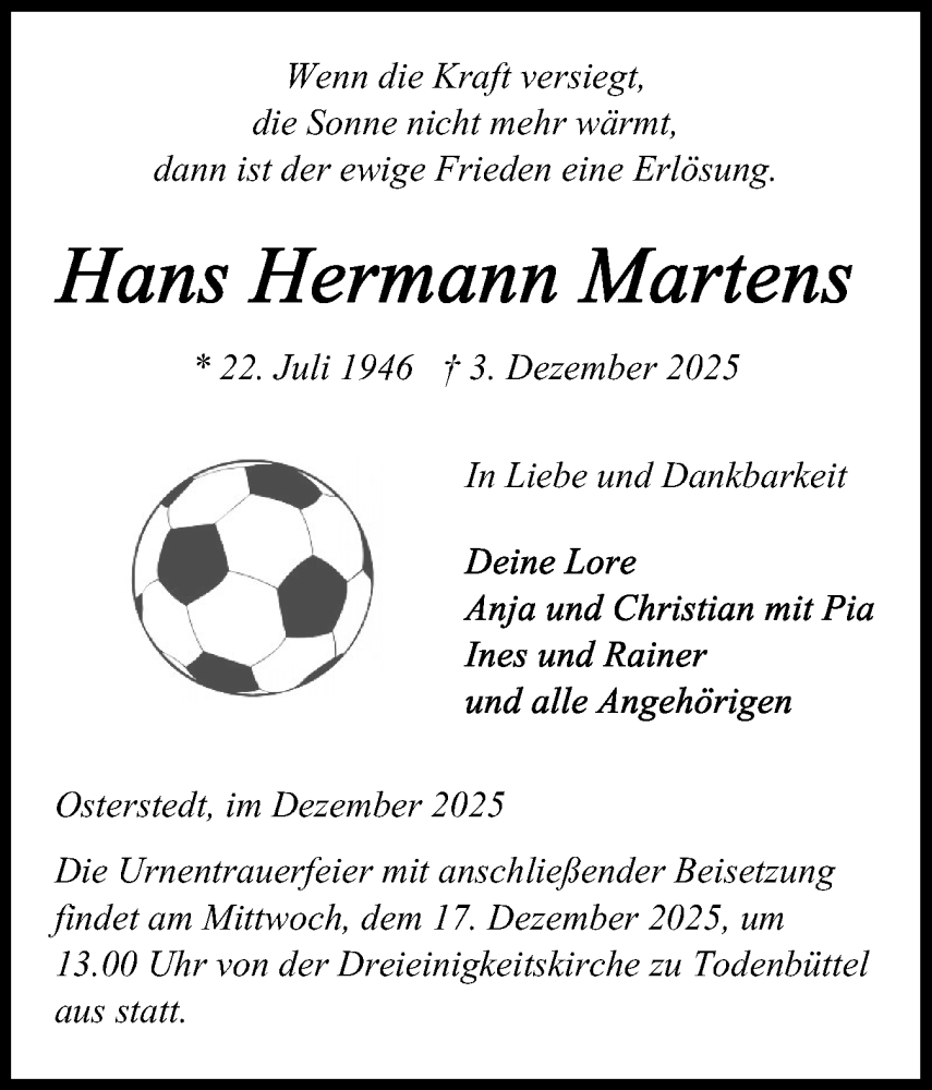  Traueranzeige für Hans Hermann Martens vom 13.12.2025 aus Schleswig-Holsteinische Landeszeitung