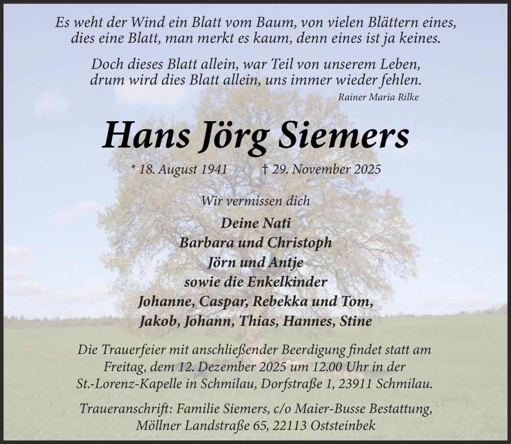  Traueranzeige für Hans Jörg Siemers vom 06.12.2025 aus MARKT Glinde/Reinfeld