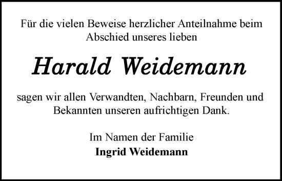 Traueranzeige von Harald Weidemann von Flensburger Tageblatt