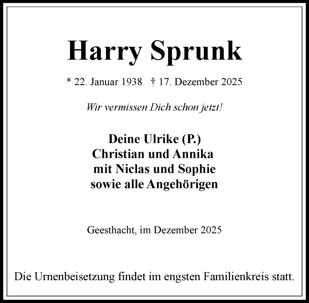  Traueranzeige für Harry Sprunk vom 27.12.2025 aus Wochenend Anzeiger