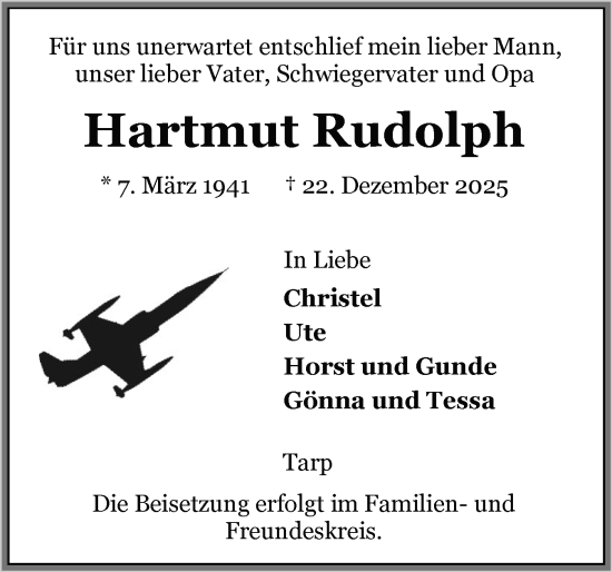 Traueranzeige von Hartmut Rudolph von Flensburger Tageblatt