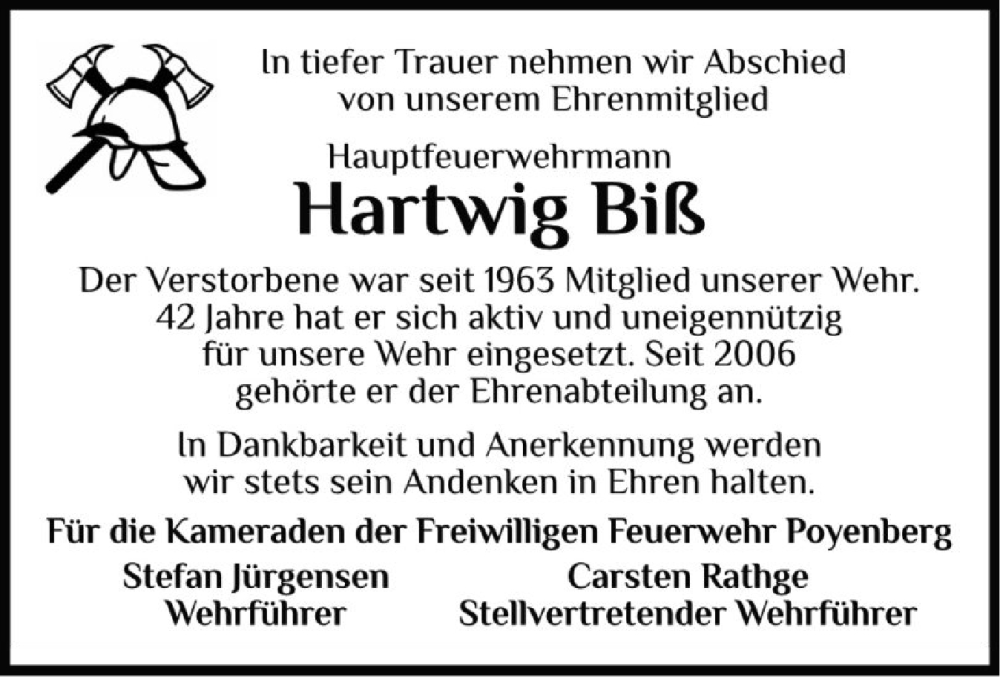  Traueranzeige für Hartwig Biß vom 27.12.2025 aus Norddeutsche Rundschau, Wilstersche Zeitung, Glückstädter Fortuna
