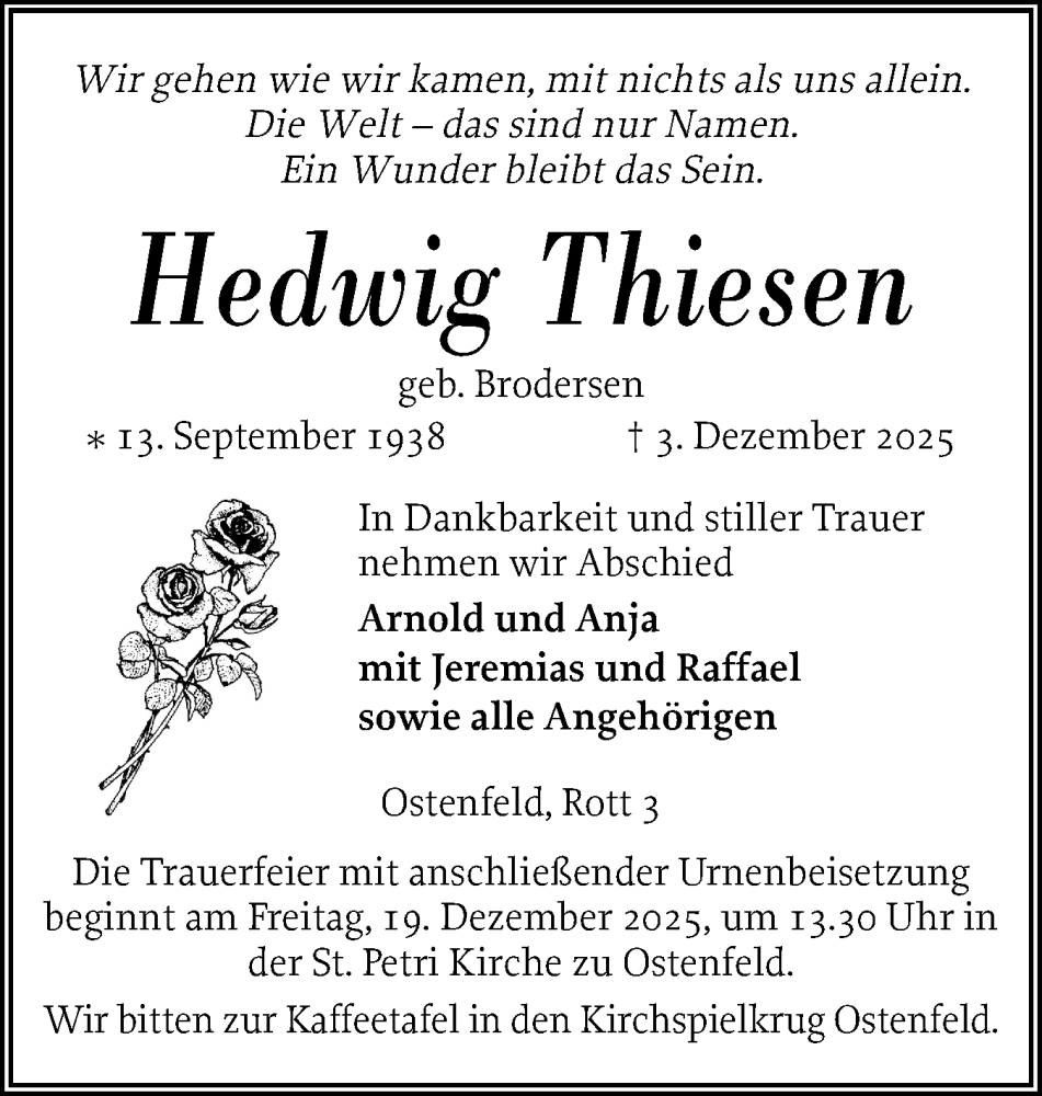  Traueranzeige für Hedwig Thiesen vom 09.12.2025 aus Husumer Nachrichten, Nordfriesland Tageblatt
