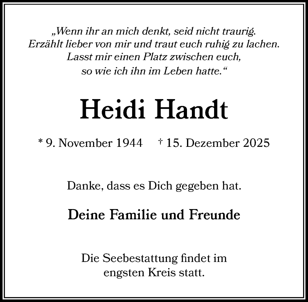  Traueranzeige für Heidi Handt vom 20.12.2025 aus MARKT Glinde/Reinfeld