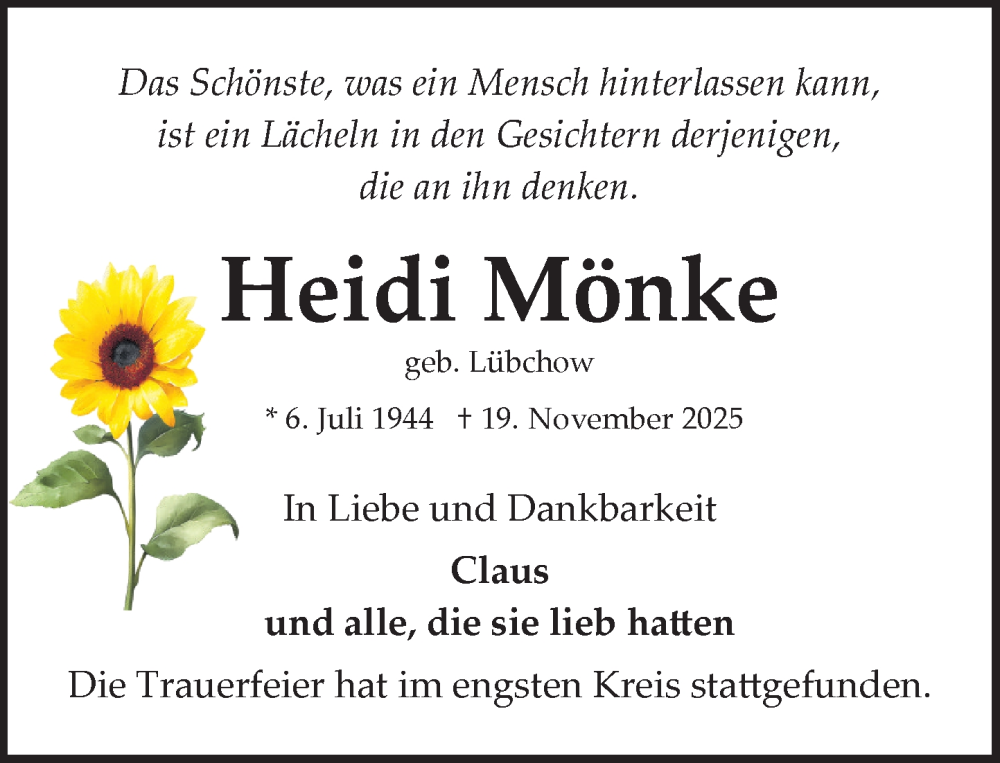  Traueranzeige für Heidi Mönke vom 13.12.2025 aus MARKT Bad Oldesloe/Reinfeld und Stormarner Tageblatt