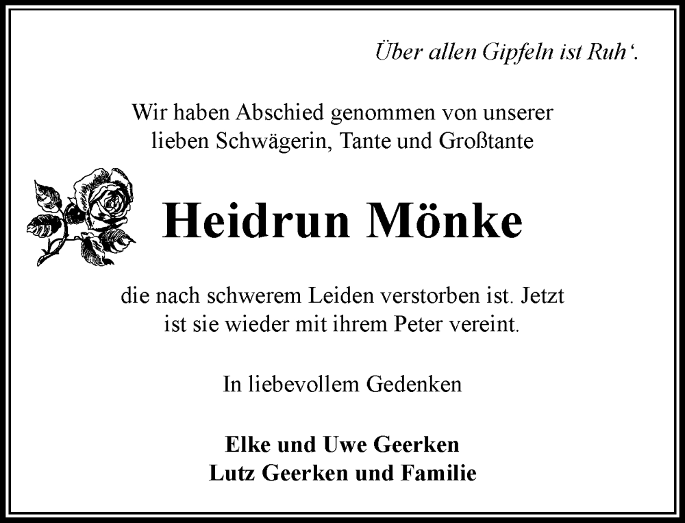  Traueranzeige für Heidrun Mönke vom 13.12.2025 aus MARKT Bad Oldesloe/Reinfeld und Stormarner Tageblatt
