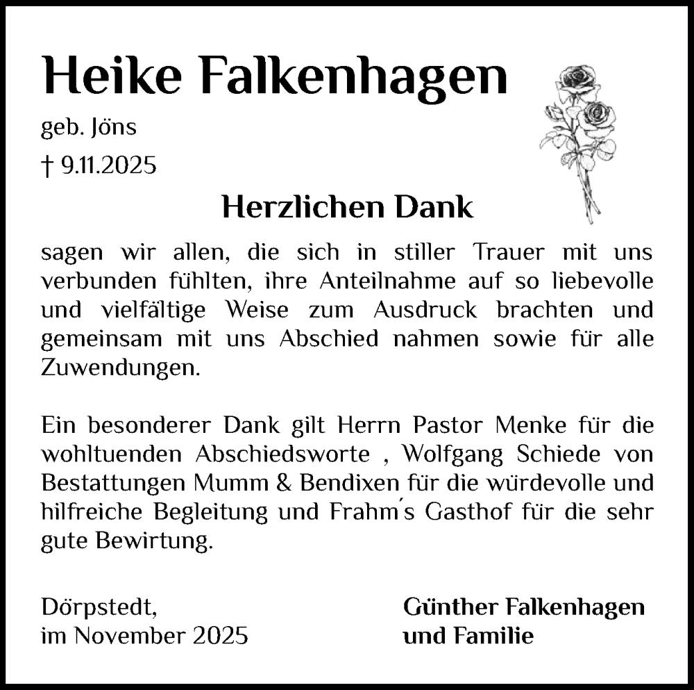  Traueranzeige für Heike Falkenhagen vom 05.12.2025 aus Schleswiger Nachrichten, Schlei-Bote