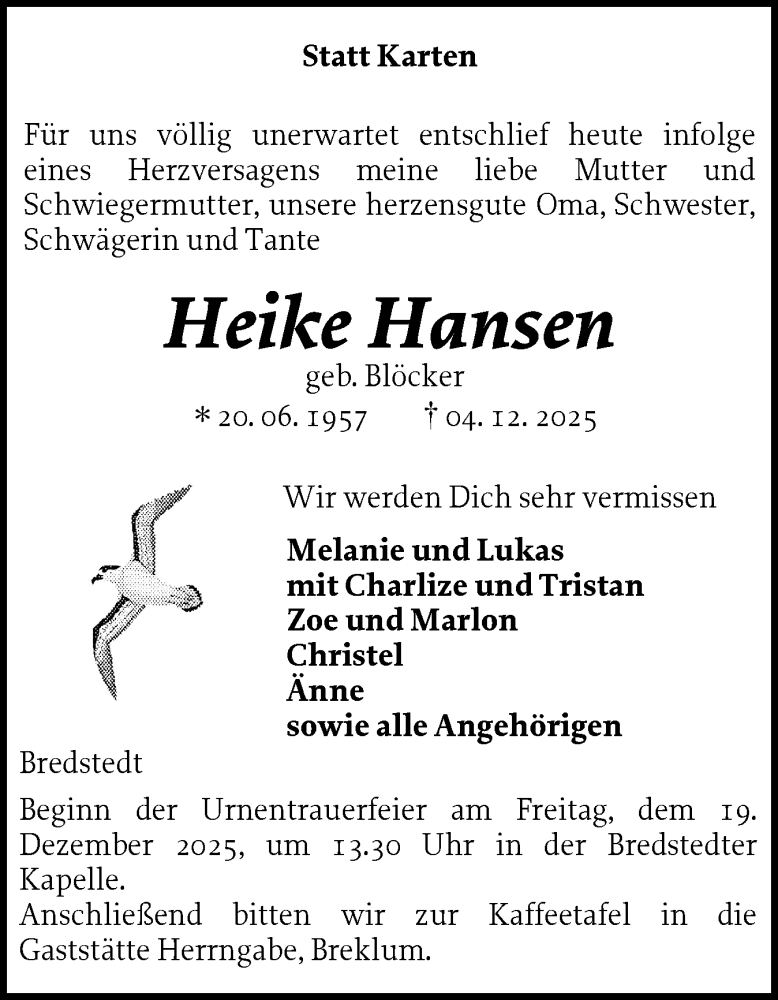  Traueranzeige für Heike Hansen vom 09.12.2025 aus Husumer Nachrichten, Nordfriesland Tageblatt