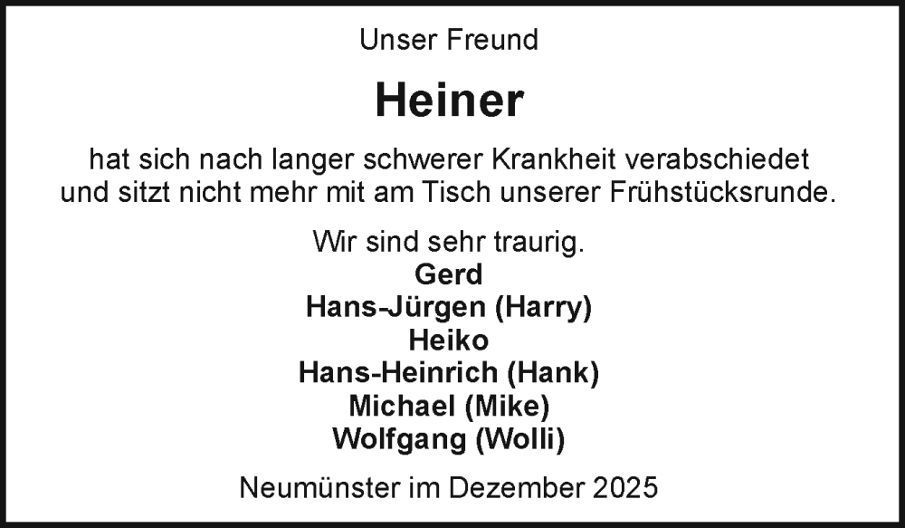  Traueranzeige für Heiner  vom 13.12.2025 aus Holsteinischer Courier